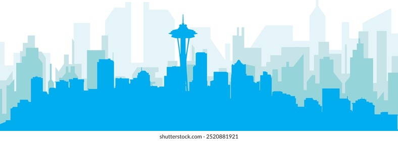 Blue panoramic city skyline poster with bluish misty transparent background buildings of SEATTLE, UNITED STATES