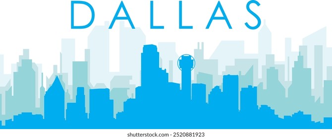 Blue panoramic city skyline poster with bluish misty transparent background buildings of DALLAS, UNITED STATES