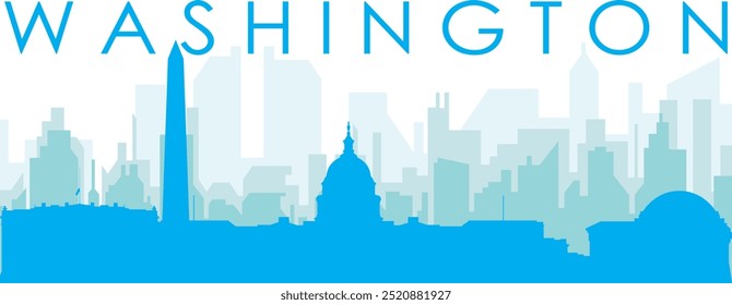 Blue panoramic city skyline poster with bluish misty transparent background buildings of WASHINGTON, UNITED STATES