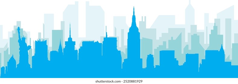 Blue panoramic city skyline poster with bluish misty transparent background buildings of NEW YORK, UNITED STATES