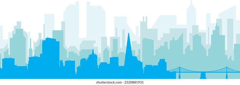 Blue panoramic city skyline poster with bluish misty transparent background buildings of SAN FRANCISCO, UNITED STATES