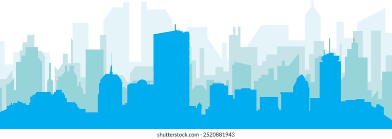 Blue panoramic city skyline poster with bluish misty transparent background buildings of BOSTON, UNITED STATES