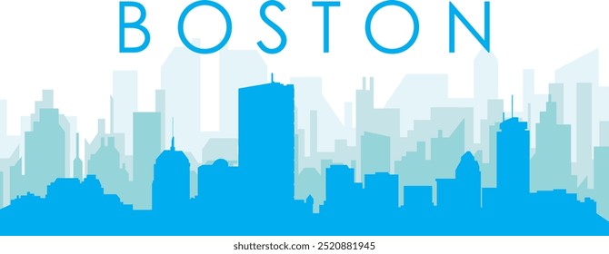 Blue panoramic city skyline poster with bluish misty transparent background buildings of BOSTON, UNITED STATES