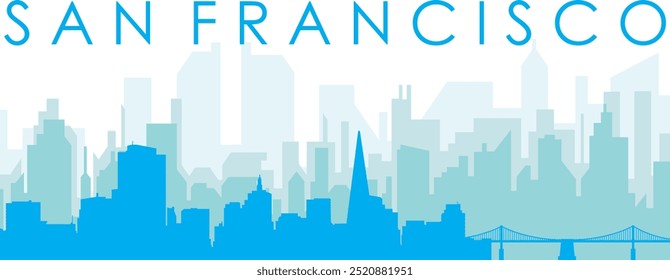 Blue panoramic city skyline poster with bluish misty transparent background buildings of SAN FRANCISCO, UNITED STATES