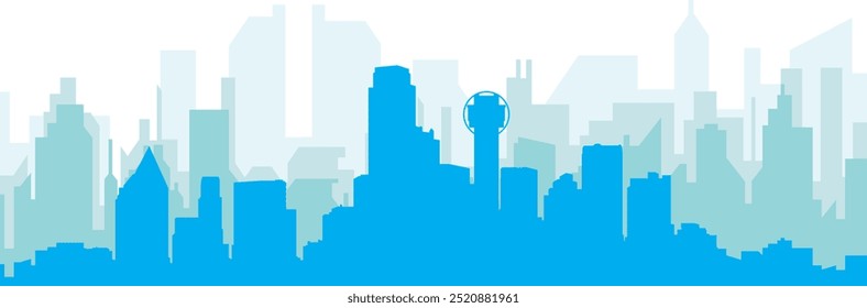 Blue panoramic city skyline poster with bluish misty transparent background buildings of DALLAS, UNITED STATES