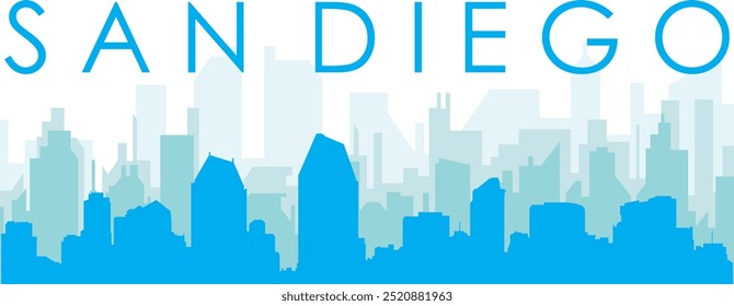 Blue panoramic city skyline poster with bluish misty transparent background buildings of SAN DIEGO, UNITED STATES