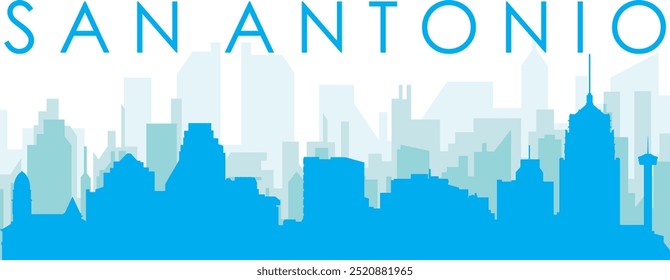 Blue panoramic city skyline poster with bluish misty transparent background buildings of SAN ANTONIO, UNITED STATES