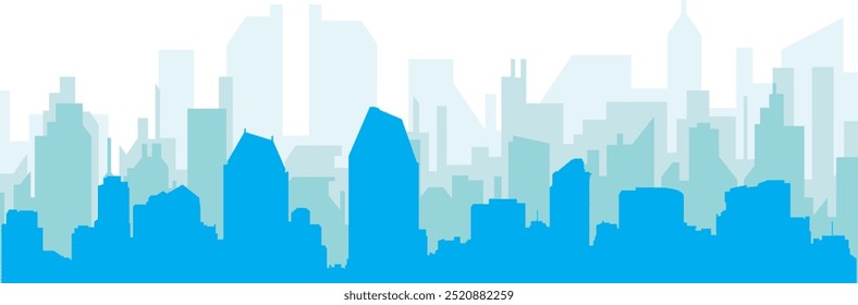 Blue panoramic city skyline poster with bluish misty transparent background buildings of SAN DIEGO, UNITED STATES