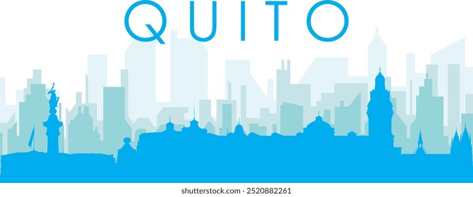 Cartaz panorâmico azul da cidade com fundo azul nebuloso transparente edifícios de QUITO, EQUADOR