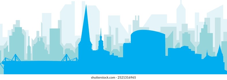 Blue panoramic city skyline poster with bluish misty transparent background buildings of DORTMUND, GERMANY