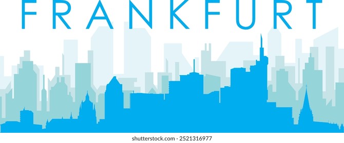 Blue panoramic city skyline poster with bluish misty transparent background buildings of FRANKFURT, GERMANY