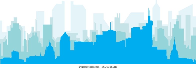 Blue panoramic city skyline poster with bluish misty transparent background buildings of FRANKFURT, GERMANY