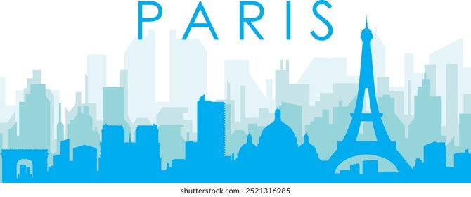 Cartaz panorâmico azul da cidade com fundo azul nebuloso transparente edifícios de PARIS, FRANÇA