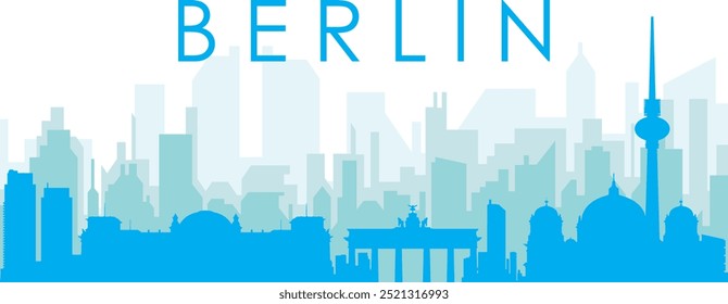 Blue panoramic city skyline poster with bluish misty transparent background buildings of BERLIN, GERMANY