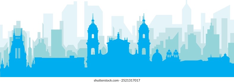 Cartaz panorâmico azul da cidade com fundo azul nebuloso transparente edifícios de BOGOTA, COLÔMBIA