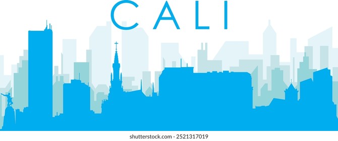 Blaues Panorama Stadt Skyline Poster mit bläulich nebligen transparenten Hintergrund Gebäude von CALI, KOLUMBIEN