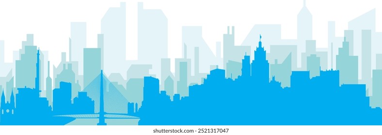 Blue panoramic city skyline poster with bluish misty transparent background buildings of SAO PAULO, BRAZIL