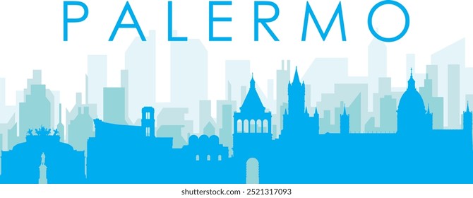 Blue panoramic city skyline poster with bluish misty transparent background buildings of PALERMO, ITALY