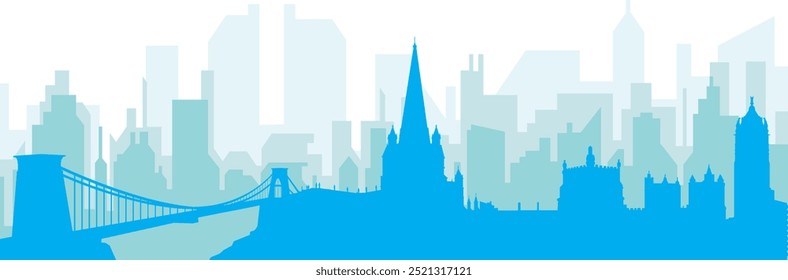 Blue panoramic city skyline poster with bluish misty transparent background buildings of BRISTOL, UNITED KINGDOM