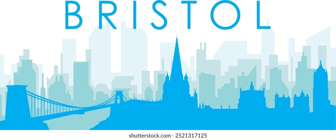 Blue panoramic city skyline poster with bluish misty transparent background buildings of BRISTOL, UNITED KINGDOM