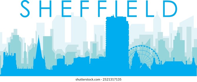 Pôster panorâmico azul da cidade com fundo azul nebuloso transparente edifícios de SHEFFIELD, REINO UNIDO