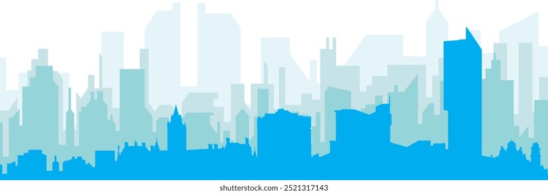 Blue panoramic city skyline poster with bluish misty transparent background buildings of MANCHESTER, UNITED KINGDOM