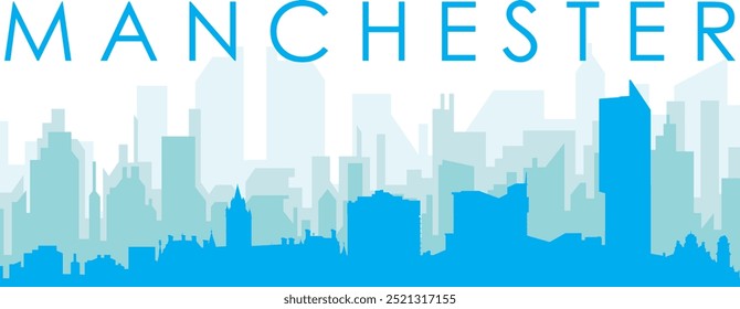 Cartel panorámico azul del horizonte de la ciudad con edificios azulados del fondo transparente brumoso de MANCHESTER, REINO UNIDO