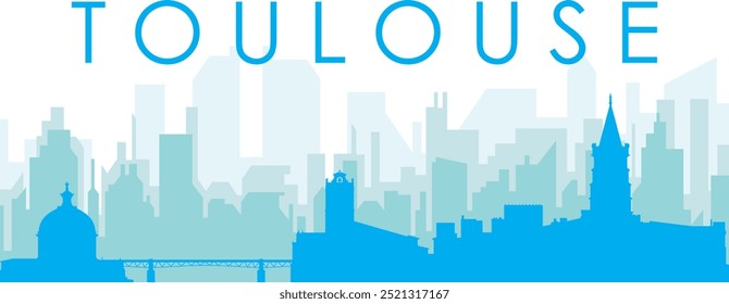 Cartaz panorâmico azul da cidade com fundo azul nebuloso transparente edifícios de TOULOUSE, FRANÇA