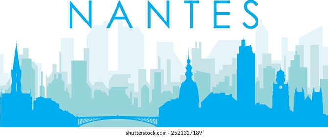 Cartaz panorâmico azul da cidade com fundo azul nebuloso transparente edifícios de NANTES, FRANÇA