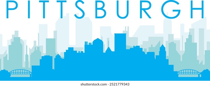 Blue panoramic city skyline poster with bluish misty transparent background buildings of PITTSBURGH, UNITED STATES