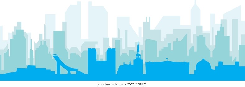 Cartaz panorâmico azul da cidade com fundo azul nebuloso transparente edifícios de OSLO, NORUEGA