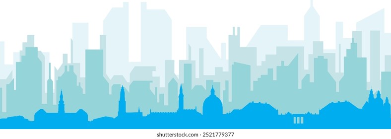 Cartel panorámico azul del horizonte de la ciudad con edificios azulados del fondo transparente brumoso de COPENHAGUE, DINAMARCA