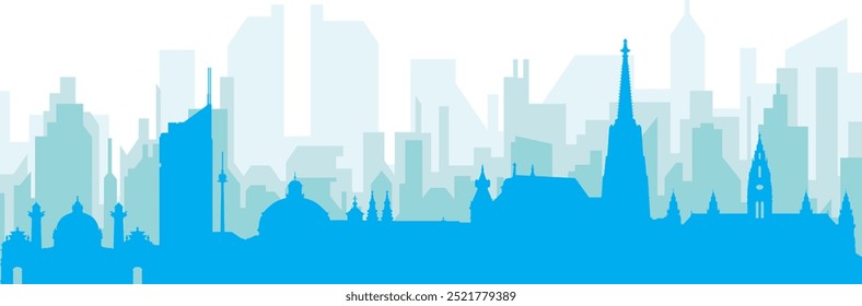 Blue panoramic city skyline poster with bluish misty transparent background buildings of VIENNA, AUSTRIA