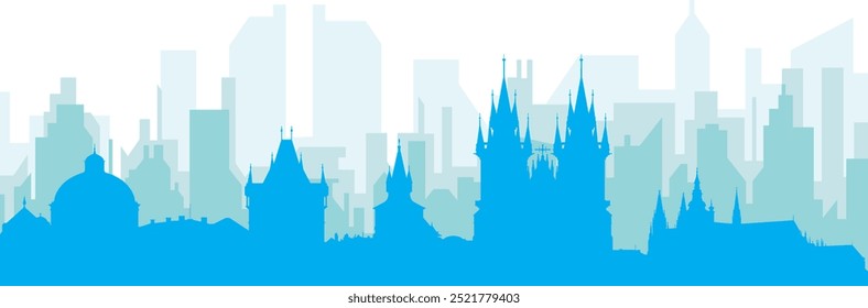 Cartel panorámico azul del horizonte de la ciudad con edificios azulados del fondo transparente brumoso de PRAGA, REPÚBLICA CHECA