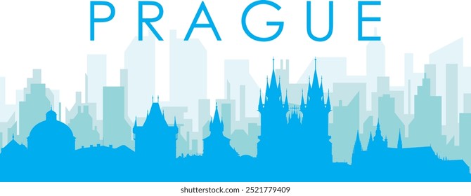 Cartel panorámico azul del horizonte de la ciudad con edificios azulados del fondo transparente brumoso de PRAGA, REPÚBLICA CHECA