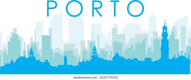 Blue panoramic city skyline poster with bluish misty transparent background buildings of PORTO, PORTUGAL