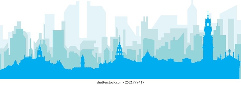 Blue panoramic city skyline poster with bluish misty transparent background buildings of PORTO, PORTUGAL