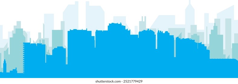 Cartaz panorâmico azul da cidade com fundo azul nebuloso transparente edifícios de MÁLAGA, ESPANHA