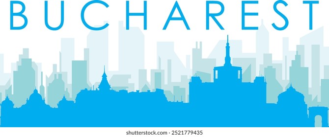 Cartaz panorâmico azul da cidade com fundo azul nebuloso edifícios transparentes de BUCARESTE, ROMÊNIA