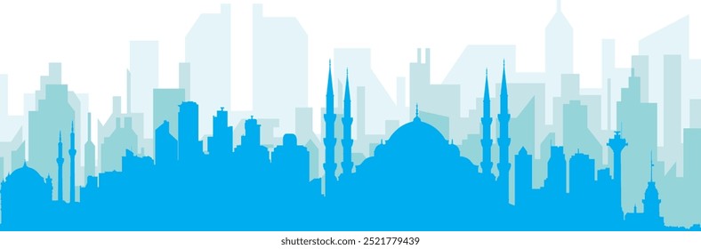 Cartaz panorâmico azul da cidade com fundo azul nebuloso edifícios transparentes de ISTAMBUL, TURQUIA