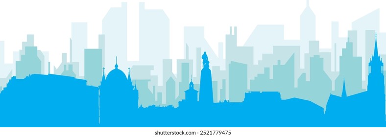 Cartaz panorâmico azul da cidade com fundo azul nebuloso edifícios transparentes de LODZ, POLÔNIA