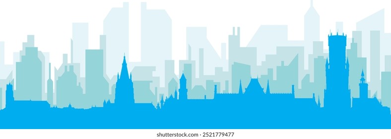 Cartaz panorâmico azul da cidade com fundo azul nebuloso transparente edifícios de BRUGES, BÉLGICA