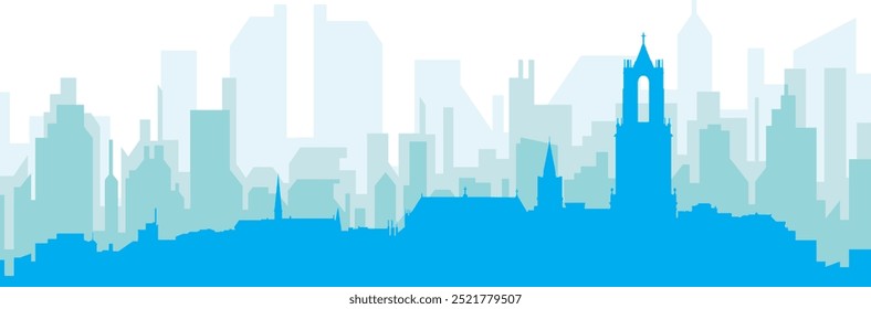 Blue panoramic city skyline poster with bluish misty transparent background buildings of UTRECHT, NETHERLANDS