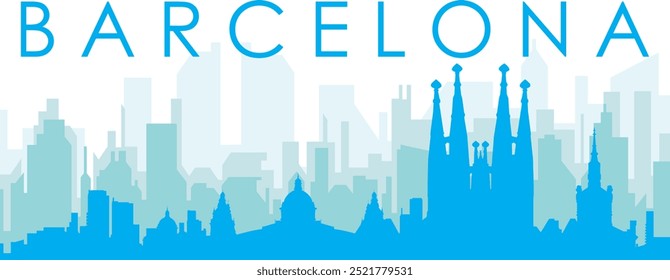 Cartaz panorâmico azul da cidade com fundo azul nebuloso transparente edifícios de BARCELONA, ESPANHA