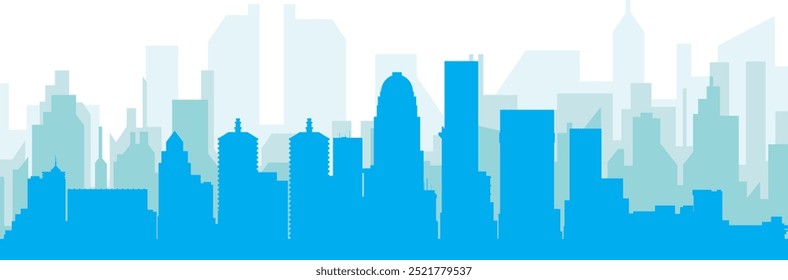 Blue panoramic city skyline poster with bluish misty transparent background buildings of LOUISVILLE, UNITED STATES