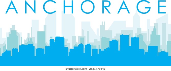 Blue panoramic city skyline poster with bluish misty transparent background buildings of ANCHORAGE, UNITED STATES