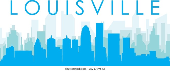 Blue panoramic city skyline poster with bluish misty transparent background buildings of LOUISVILLE, UNITED STATES