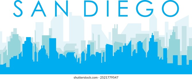 Blue panoramic city skyline poster with bluish misty transparent background buildings of SAN DIEGO, UNITED STATES