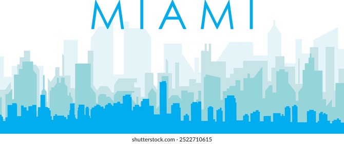 Blue panoramic city skyline poster with bluish misty transparent background buildings of MIAMI, UNITED STATES