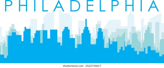 Blue panoramic city skyline poster with bluish misty transparent background buildings of PHILADELPHIA, UNITED STATES